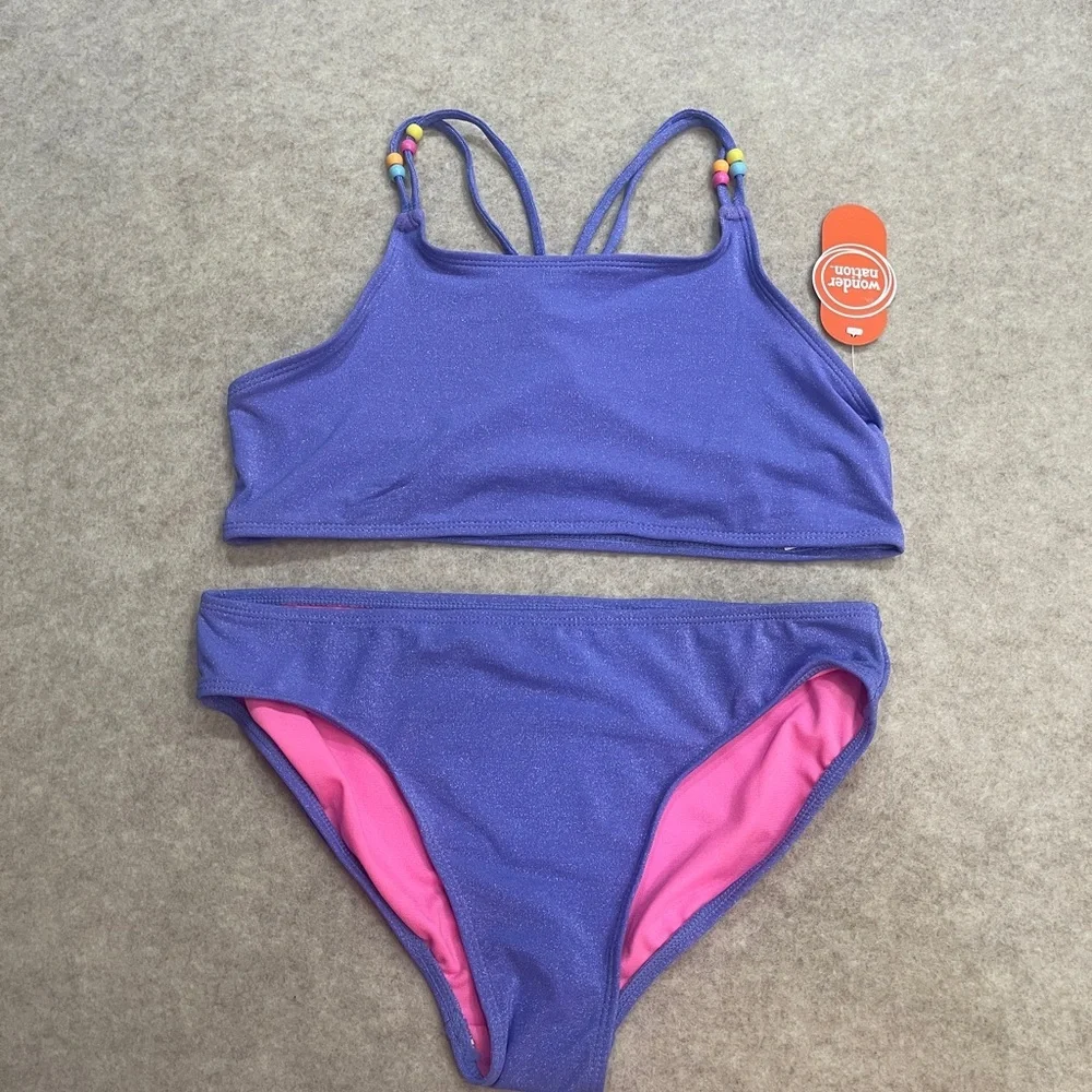 Wonder Nation Beaded Lurex Purple Metallic Bikini Swimsuit 2 Piece Girls Size XL